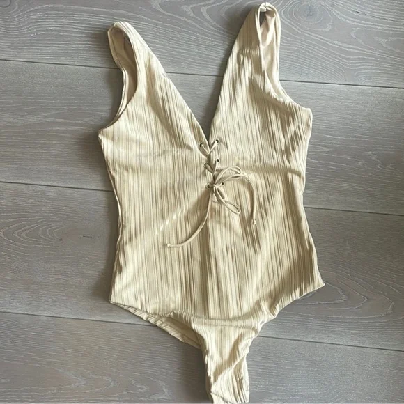Cream Ribbed Lace-Up One -Piece Swimsuit - Picture 1 of 6